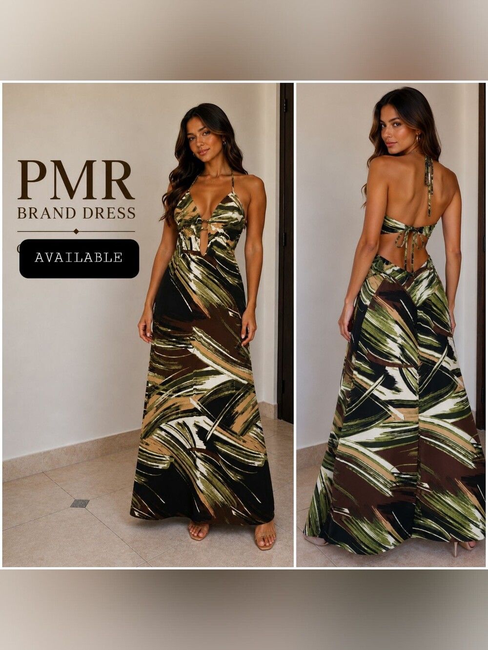 Backless Halter Maxi Dress in Olive Print